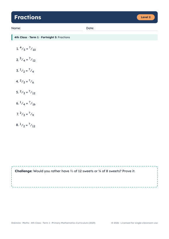 4th class fractions worksheet