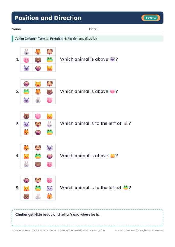 Junior Infants position worksheet