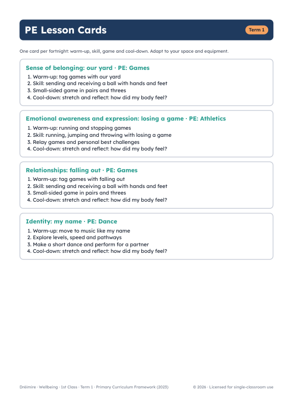 PE lesson cards